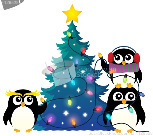 Image of Penguins around Christmas tree theme 1