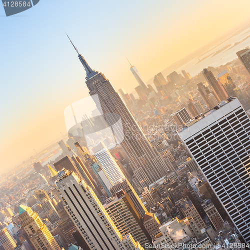 Image of New York City Manhattan skyline in sunset.