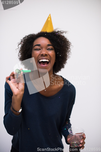 Image of happy young woman celebrating