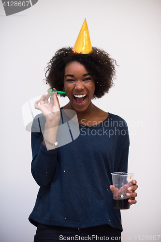 Image of happy young woman celebrating