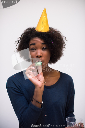 Image of happy young woman celebrating