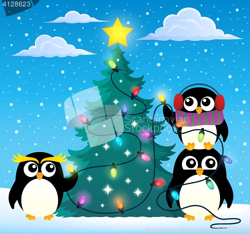 Image of Penguins around Christmas tree theme 2