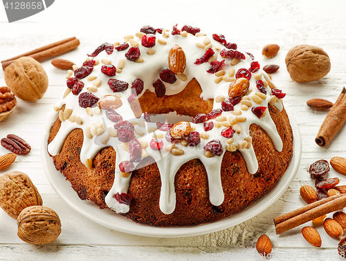 Image of fruit cake on white plate