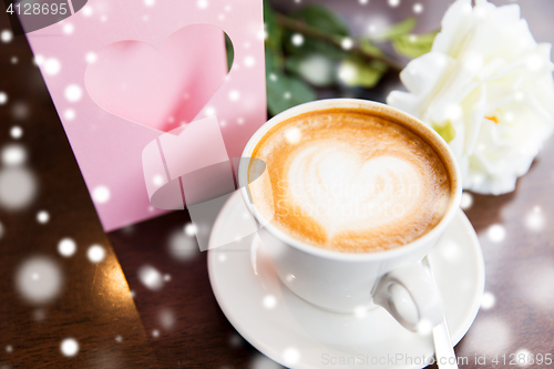 Image of close up of greeting card with heart and coffee