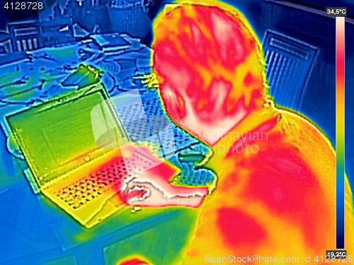 Image of Infrared thermography image showing the heat emission when man u