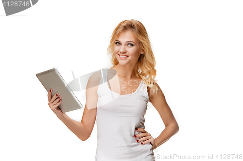 Image of Portrait of beautiful smiling girl with modern laptop