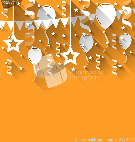 Image of Happy birthday background with balloons, stars and pennants, tre