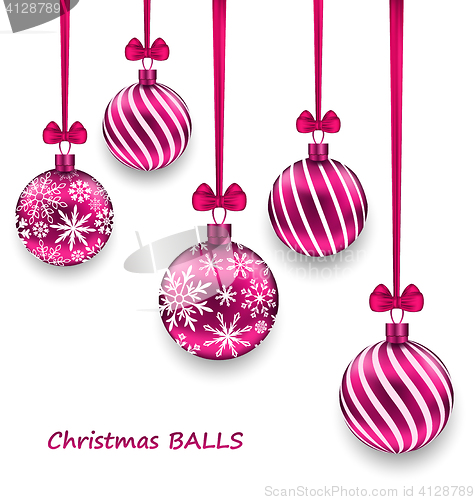 Image of Christmas Card with Pink Glassy Balls with Bow Ribbon