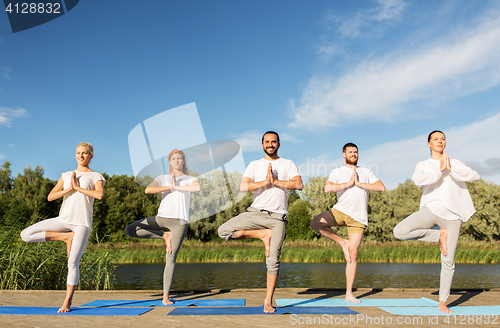 Image of people making yoga in tree pose on mat outdoors