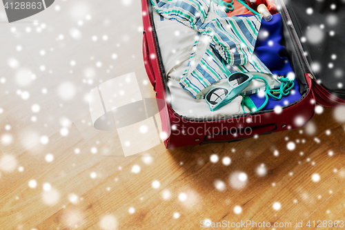 Image of close up of travel bag with beach clothes