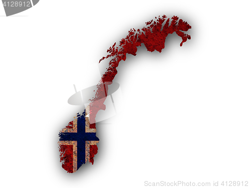 Image of Map and flag of Norway on rusty metal