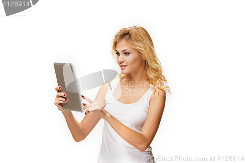 Image of Portrait of beautiful smiling girl with modern laptop