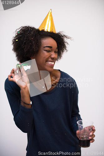 Image of happy young woman celebrating