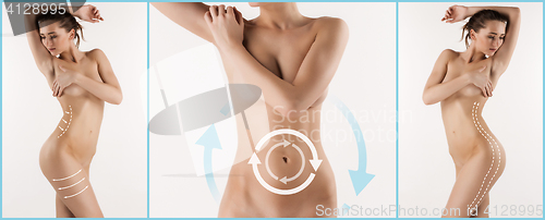 Image of Women belly with the drawing arrows