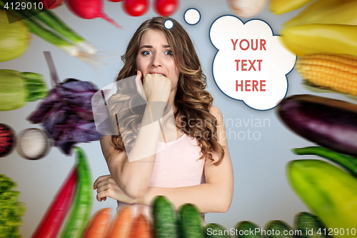 Image of Young healthy woman with vegetables. Collage