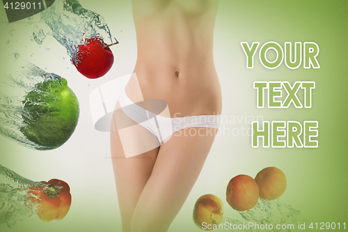Image of Young healthy woman with fruits. Collage