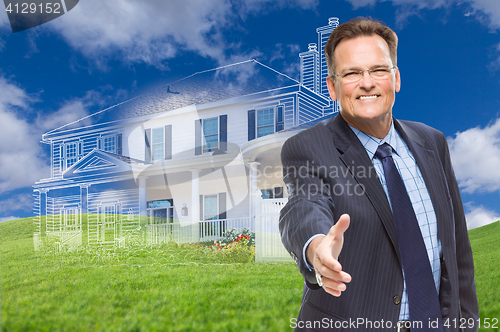 Image of Male Agent Reaching for Hand Shake in Front of Ghosted New House