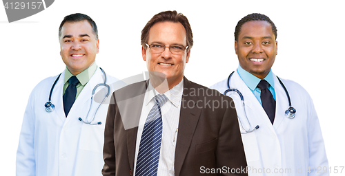 Image of Two Mixed Race Doctors Behind Businessman  Isolated on White