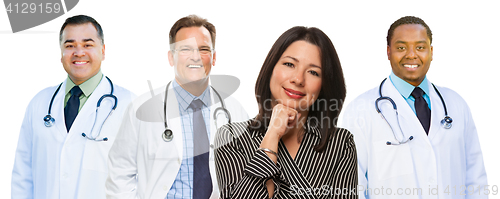 Image of Three Mixed Race Doctors Behind Hispanic Woman on White