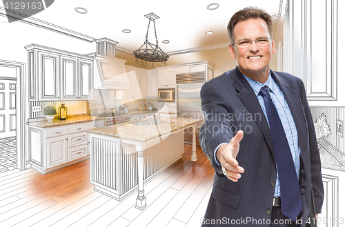 Image of Male Agent Reaching for Hand Shake in Kitchen Drawing and Photo 