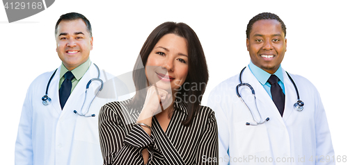 Image of Two Mixed Race Doctors Behind Hispanic Woman on White