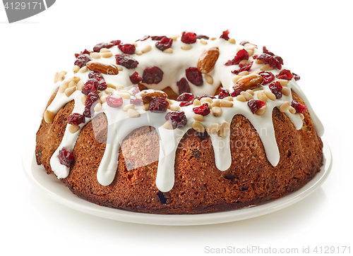 Image of fruit cake on white plate