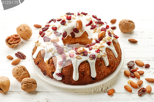 Image of fruit cake on white plate