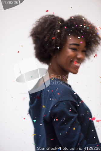 Image of happy young woman celebrating