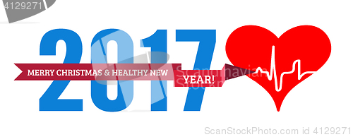 Image of Congratulations to the healthy new year with a heart and cardiogram. Vector illustration