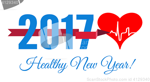 Image of Congratulations to the healthy new year with a heart and cardiogram. Vector illustration