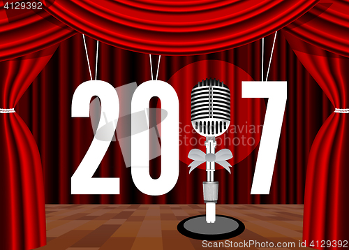 Image of Happy New Year on the background of the stage with a microphone
