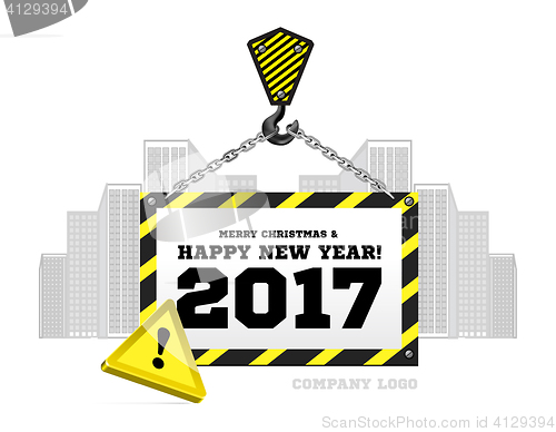 Image of Congratulations to the New Year on the background of a construction crane