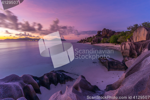 Image of Dramatic sunset at Anse Source d\'Argent beach, La Digue island, Seychelles