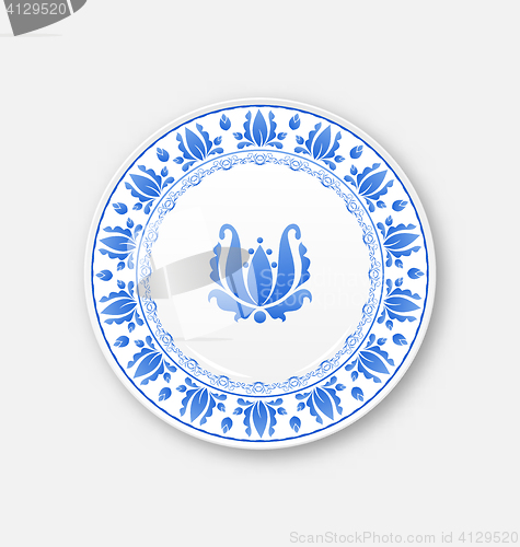 Image of White plate with russian ornament in gzhel style