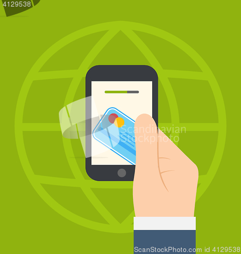 Image of concept of contactless credit card payment via modern communicat