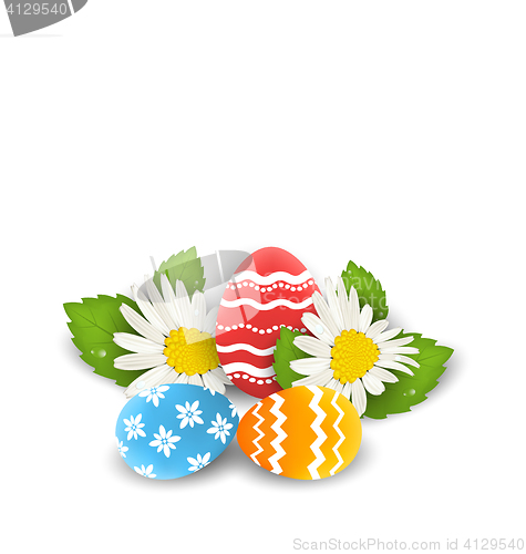 Image of Traditional colorful ornate eggs with flowers camomiles for East