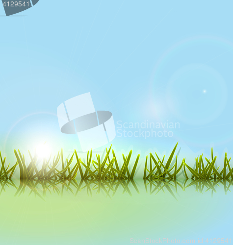 Image of Morning meadow grass green reflection in river