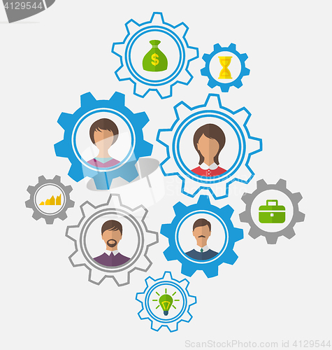 Image of Idea of teamwork and success, business people enclosed in cogwhe