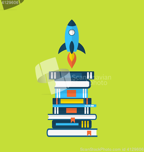 Image of Concept of start up idea, flat icons of heap textbooks and rocke