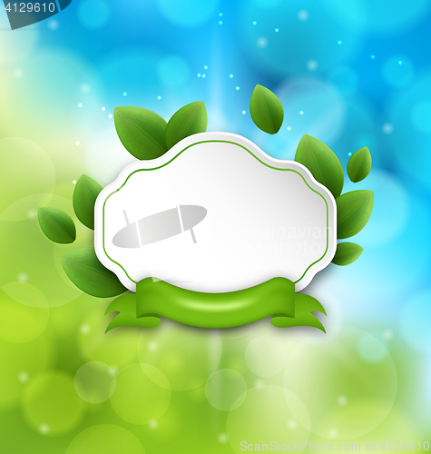 Image of Abstract label with eco green leaves and ribbon on glowing backg