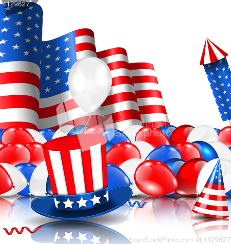 Image of American Background with Balloons, Party Hats, Firework Rocket, Flag and Confetti