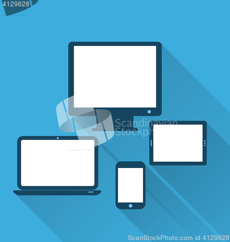 Image of Monitor, laptop, tablet computer, and mobile phone, flat icons w