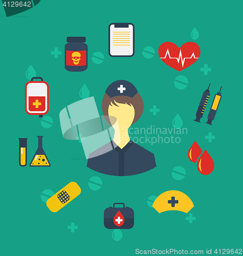 Image of Nurse with medical icons for web design, modern flat style
