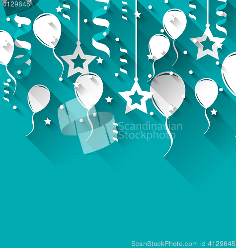 Image of Birthday background with balloons, stars and confetti, trendy fl