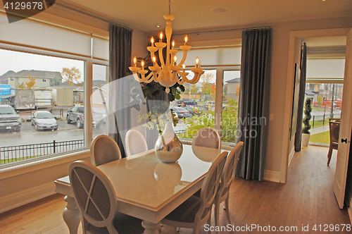 Image of A dining room with large windows.