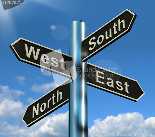 Image of North East South West Signpost Shows Travel Or Direction