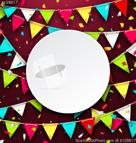 Image of Party Background with Clean Card, Colorful Bunting and Confetti