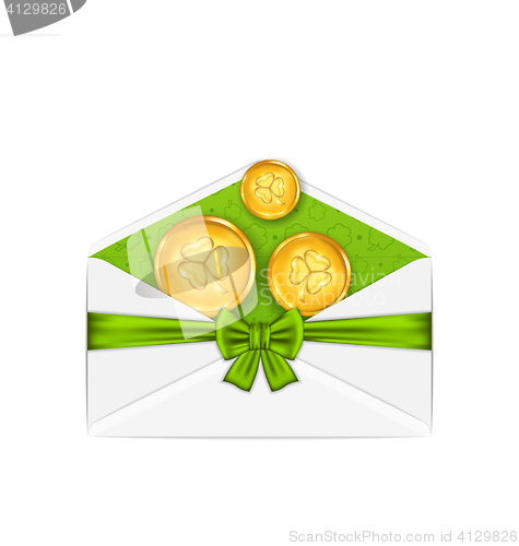 Image of Open white envelope with golden coins and bow ribbon for St. Pat