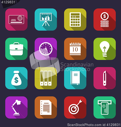 Image of Business and financial items, colorful flat icons with long shad