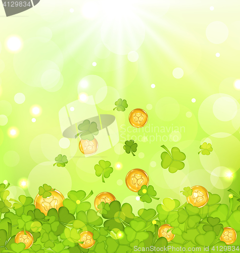 Image of Light background with clovers and coins for St. Patrick\'s Day